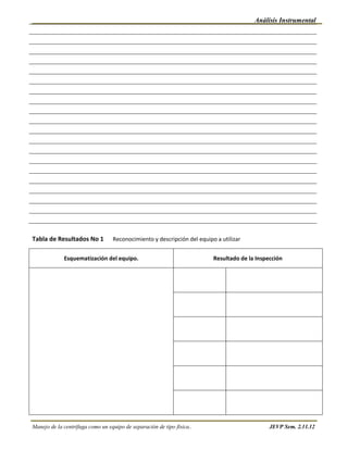 Análisis Instrumental




Tabla de Resultados No 1          Reconocimiento y descripción del equipo a utilizar


             Esquematización del equipo.                                 Resultado de la Inspección




Manejo de la centrífuga como un equipo de separación de tipo física..                         JEVP Sem. 2.11.12
 