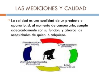 LAS MEDICIONES Y CALIDAD La calidad es una cualidad de un producto o apararto, si, al momento de compararlo, cumple adecuadamente con su función, y abarca las necesidades de quien lo adquiere.  