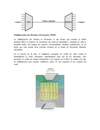 Multiplexación por División en Frecuencia (MDF)
La multiplexación por división en frecuencia es una técnica que consiste en dividir
mediante filtros el espectro de frecuencias del canal de transmisión y desplazar la señal a
transmitir dentro del margen del espectro correspondiente mediante modulaciones, de tal
forma que cada usuario tiene posesión exclusiva de su banda de frecuencias (llamadas
subcanales).
En el extremo de la línea, el multiplexor encargado de recibir los datos realiza la
demodulación la señal, obteniendo separadamente cada uno de los subcanales. Esta
operación se realiza de manera transparente a los usuarios de la línea. Se emplea este tipo
de multiplexación para usuarios telefónicos, radio, TV que requieren el uso continuo del
canal.
 