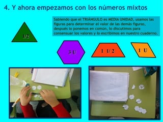 Sabiendo que el TRIÁNGULO es MEDIA UNIDAD, usamos las
figuras para determinar el valor de las demás figuras,
después lo ponemos en común, lo discutimos para
consensuar los valores y lo escribimos en nuestro cuaderno.
4. Y ahora empezamos con los números mixtos
3 U3 U 1 U1 U1 1/ 21 1/ 2
1/21/2
 