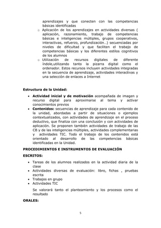 aprendizajes y que conecten con las competencias 
básicas identificadas 
o Aplicación de los aprendizajes en actividades diversas ( 
aplicación, razonamiento, trabajo de competencias 
básicas e inteligencias múltiples, grupos cooperativos, 
interactivas, refuerzo, profundización…) secuenciadas por 
niveles de dificultad y que faciliten el trabajo de 
competencias básicas y los diferentes estilos cognitivos 
de los alumnos 
o Utilización de recursos digitales de diferente 
índole,utilizando tanto la pizarra digital como el 
ordenador. Estos recursos incluyen actividades integradas 
en la secuencia de aprendizaje, actividades interactivas y 
una selección de enlaces a Internet 
5 
Estructura de la Unidad: 
 Actividad inicial y de motivación acompañada de imagen y 
recurso digital para aproximarse al tema y activar 
conocimientos previos 
 Contenidos: secuencias de aprendizaje para cada contenido de 
la unidad, abordadas a partir de situaciones o ejemplos 
contextualizados, con actividades de aprendizaje en el proceso 
deductivo, que finaliza con una conclusión y con actividades de 
aplicación. Se proponen también actividades de trabajo de las 
CB y de las inteligencias múltiples, actividades complementarias 
y actividades TIC. Todo el trabajo de los contenidos está 
orientado al desarrollo de las competencias básicas 
identificadas en la Unidad. 
PROCEDIMIENTOS E INSTRUMENTOS DE EVALUACIÓN 
ESCRITOS: 
 Tareas de los alumnos realizados en la actividad diaria de la 
clase 
 Actividades diversas de evaluación: libro, fichas , pruebas 
escrita 
 Trabajos en grupo 
 Actividades TIC 
Se valorará tanto el planteamiento y los procesos como el 
resultado 
ORALES: 
 