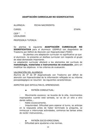 ADAPTACIÓN CURRICULAR NO SIGNIFICATIVA 
ALUMNO/A: FECHA NACIMIENTO: 
CURSO: ETAPA: 
10 
CEIP “ “ 
LOCALIDAD: 
PROFESOR/A TUTOR/A: 
Se plantea la siguiente ADAPTACIÓN CURRICULAR NO 
SIGNIFICATIVA para el alumno/a EJEMPLO con diagnóstico de 
Trastorno por Déficit de Atención con Hiperactividad (TDAH) 
Se plantea una adaptación curricular no significativa ya que 
el alumno/a no presenta un desfase curricular con respecto al grupo 
de edad demasiado importante. 
La adaptación curricular afectará a los elementos del currículo de 
metodología, materiales e instrumentos de evaluación, pero sin 
modificar los objetivos ni los criterios de evaluación. 
VALORACIÓN DEL ALUMNO/A 
Alumno de 3º de EP diagnosticado con Trastorno por déficit de 
atención con hiperactividad de la información reflejada en su informe 
psicopedagógico se resumen las siguientes características: 
ASPECTOS QUE DIFICULTAN EL APRENDIZAJE: 
■ PATRÓN CONDUCTUAL: 
∙ Movimiento excesivo: se levanta de la silla, movimientos 
inapropiados cuando está sentado, se va de un sitio a otro 
dando saltos,.. 
∙ Habla excesivamente. 
∙ Impulsividad: Dificultad para esperar el turno, se anticipa 
en la respuesta antes de haber terminado la pregunta, se 
inmiscuye e interrumpe actividades, comienza las tareas antes 
de recibir instrucciones,.. 
■ PATRÓN SOCIO-EMOCIONAL 
∙ Dificultad para ajustarse a las normas. 
 