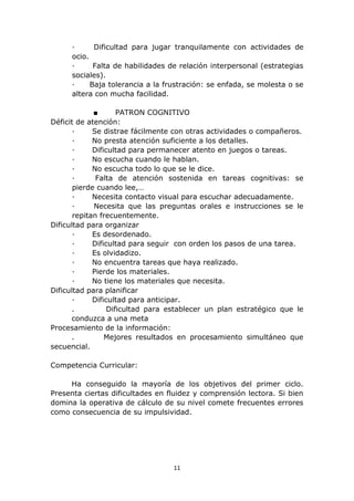 ∙ Dificultad para jugar tranquilamente con actividades de 
ocio. 
∙ Falta de habilidades de relación interpersonal (estrategias 
sociales). 
∙ Baja tolerancia a la frustración: se enfada, se molesta o se 
altera con mucha facilidad. 
■ PATRON COGNITIVO 
11 
Déficit de atención: 
∙ Se distrae fácilmente con otras actividades o compañeros. 
∙ No presta atención suficiente a los detalles. 
∙ Dificultad para permanecer atento en juegos o tareas. 
∙ No escucha cuando le hablan. 
∙ No escucha todo lo que se le dice. 
∙ Falta de atención sostenida en tareas cognitivas: se 
pierde cuando lee,… 
∙ Necesita contacto visual para escuchar adecuadamente. 
∙ Necesita que las preguntas orales e instrucciones se le 
repitan frecuentemente. 
Dificultad para organizar 
∙ Es desordenado. 
∙ Dificultad para seguir con orden los pasos de una tarea. 
∙ Es olvidadizo. 
∙ No encuentra tareas que haya realizado. 
∙ Pierde los materiales. 
∙ No tiene los materiales que necesita. 
Dificultad para planificar 
∙ Dificultad para anticipar. 
. Dificultad para establecer un plan estratégico que le 
conduzca a una meta 
Procesamiento de la información: 
. Mejores resultados en procesamiento simultáneo que 
secuencial. 
Competencia Curricular: 
Ha conseguido la mayoría de los objetivos del primer ciclo. 
Presenta ciertas dificultades en fluidez y comprensión lectora. Si bien 
domina la operativa de cálculo de su nivel comete frecuentes errores 
como consecuencia de su impulsividad. 
 