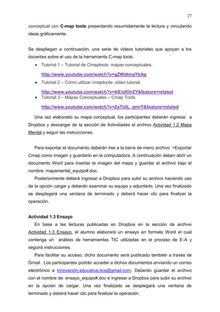 27

conceptual con C-map tools presentando resumidamente la lectura y vinculando
ideas gráficamente.


Se despliegan a continuación, una serie de videos tutoriales que apoyan a los
docentes sobre el uso de la herramienta C-map tools.
      Tutorial 1 – Tutorial de Cmaptools: mapas conceptuales.

      http://www.youtube.com/watch?v=gZWdtmqYbAg
      Tutorial 2 – Cómo utilizar cmaptools- video tutorial

      http://www.youtube.com/watch?v=4iEnjKlirZY&feature=related
      Tutorial 3 – Mapas Conceptuales – Cmap Tools

      http://www.youtube.com/watch?v=ZaTUtL_gmrY&feature=related

   Una vez elaborado su mapa conceptual, los participantes deberán ingresar a
Dropbox y descargar de la sección de Actividades el archivo Actividad 1.2 Mapa
Mental y seguir las instrucciones.


   Para exportar el documento deberán irse a la barra de menú archivo >Exportar
Cmap como imagen y guardarlo en la computadora. A continuación deben abrir un
documento Word para insertar la imagen del mapa y guardar el archivo bajo el
nombre: mapamental_equipo#.doc.
   Posteriormente deberá Ingresar a Dropbox para subir su archivo haciendo uso
de la opción cargar y deberán examinar su equipo y adjuntarlo. Una vez finalizado
se desplegará una ventana de terminado y deberá hacer clic para finalizar la
operación.


Actividad 1.3 Ensayo
   En base a las lecturas publicadas en Dropbox en la sección de archivo
Actividad 1.3 Ensayo, el alumno elaborará un ensayo en formato Word el cual
contenga un    análisis de herramientas TIC utilizadas en el proceso de E-A y
seguirá instrucciones.
   Para facilitar su acceso, dicho documento será publicado también a través de
Gmail. Los participantes podrán acceder a dichos documentos enviando un correo
electrónico a innovación.educativa.tics@gmail.com. Deberán guardar el archivo
con el nombre de: ensayo_equipo#.doc e ingresar a Dropbox para subir su archivo
en la opción de cargar. Una vez finalizado se desplegará una ventana de
terminado y deberá hacer clic para finalizar la operación.
 