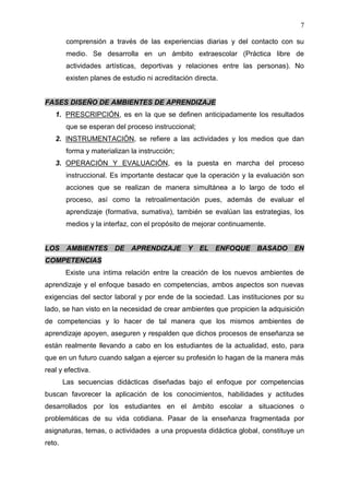 7

        comprensión a través de las experiencias diarias y del contacto con su
        medio. Se desarrolla en un ámbito extraescolar (Práctica libre de
        actividades artísticas, deportivas y relaciones entre las personas). No
        existen planes de estudio ni acreditación directa.


FASES DISEÑO DE AMBIENTES DE APRENDIZAJE
   1. PRESCRIPCIÓN, es en la que se definen anticipadamente los resultados
        que se esperan del proceso instruccional;
   2. INSTRUMENTACIÓN, se refiere a las actividades y los medios que dan
        forma y materializan la instrucción;
   3. OPERACIÓN Y EVALUACIÓN, es la puesta en marcha del proceso
        instruccional. Es importante destacar que la operación y la evaluación son
        acciones que se realizan de manera simultánea a lo largo de todo el
        proceso, así como la retroalimentación pues, además de evaluar el
        aprendizaje (formativa, sumativa), también se evalúan las estrategias, los
        medios y la interfaz, con el propósito de mejorar continuamente.


LOS AMBIENTES DE APRENDIZAJE Y EL ENFOQUE BASADO EN
COMPETENCIAS
        Existe una intima relación entre la creación de los nuevos ambientes de
aprendizaje y el enfoque basado en competencias, ambos aspectos son nuevas
exigencias del sector laboral y por ende de la sociedad. Las instituciones por su
lado, se han visto en la necesidad de crear ambientes que propicien la adquisición
de competencias y lo hacer de tal manera que los mismos ambientes de
aprendizaje apoyen, aseguren y respalden que dichos procesos de enseñanza se
están realmente llevando a cabo en los estudiantes de la actualidad, esto, para
que en un futuro cuando salgan a ejercer su profesión lo hagan de la manera más
real y efectiva.
        Las secuencias didácticas diseñadas bajo el enfoque por competencias
buscan favorecer la aplicación de los conocimientos, habilidades y actitudes
desarrollados por los estudiantes en el ámbito escolar a situaciones o
problemáticas de su vida cotidiana. Pasar de la enseñanza fragmentada por
asignaturas, temas, o actividades a una propuesta didáctica global, constituye un
reto.
 