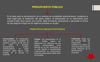 PRESUPUESTO PÚBLICO
Es la base para la estructuración de un sistema de contabilidad gubernamental, constituye la
base legal para la realización del gasto público, el presupuesto es un instrumento para
cumplir el plan de la nación, por lo tanto, debe formularse, sancionarse y ejecutarse en forma
tal que asegure el logro de los objetivos previstos en el plan.
Universalidad: El presupuesto
debe contemplar la totalidad de
ingresos y gastos, de allí que de
no existir la previsión
presupuestaria (crédito
presupuestario), no podrá
acordarse gasto alguno. Está
previsto en el Artículo 12.
LOAFSP
Unidad: Los presupuestos en el
sector público deben ser
elaborados con influencia de una
política presupuestaria única
definida en la Ley, basándose en
un solo método y expresándose
uniformemente; en consecuencia,
todos los presupuestos deben estar
coordinados.
Publicidad: Exige que
las diversas fases del
presupuesto se
verifiquen en público de
modo que todo el mundo
pueda enterarse de la
administración
financiera.
PRINCIPIOS PRESUPUESTARIOS
 