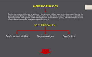 INGRESOS PUBLICOS
Son los ingresos percibidos por el gobierno y demás entes públicos para, entre otras cosas, financiar los
gastos públicos. El ingreso público es siempre una suma de dinero, en sentido contrario no constituyen
ingresos públicos, por lo general tendrá el fin de propiciar la cobertura del gasto, y solo habrá Ingreso Público
cuando el ente que lo recibe tiene plena disposición sobre él,
SE CLASIFICAN EN:
Según su periodicidad Según su origen Económicos
 