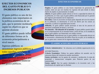 EFECTOS ECONOMICOS
DEL GASTO PUBLICO Y
INGRESOS PUBLICOS
El gasto público es uno de los
elementos más importantes en
la política económica de un
país, que le permite moldearla
según los objetivos que se
quieran alcanzar.
El gasto público puede influir
de diferentes formas en la
economía principalmente a
nivel macro.
Ingresos públicos: se
denominan ingresos públicos a
todos aquellas cantidades de
dinero que el Estado y demás
entes públicos perciben y que
tienen por objetivo financiar
los gastos públicos.
EFECTOS ECONOMICOS
Empleo. El gasto público es una fuente importante de generación de
empleo, tanto así que son muchas las regiones del país donde la única
fuente de empleo es precisamente el estado.
Ahorro. El gasto público puede afectar el nivel o capacidad de ahorro de
la población, en vista a que el gasto público está financiado por lo general
por ingresos provenientes de los impuestos.
Inversión. Como la inversión en buena parte depende del nivel de ahorro
de la población, al disminuirse el nivel de ahorro por las causas ya
expuestas, se afecta la capacidad para invertir.
Inflación. El gasto público puede presionar el alza de los precios al
aumentar la demanda de bienes y servicios.
Devaluación – Revaluación de la moneda. El gasto público puede influir
en el comportamiento de la moneda frente a otras divisas, en la medida en
que el gasto público sea financiado con crédito externo.
Déficit fiscal. Naturalmente que el gasto público es responsable directo en
el incremento o disminución del déficit fiscal de un país, en la medida en
que se gasta más o menos de los ingresos obtenidos.
Criterio Administrativo: Se relaciona con la debida organización de la
actividad financiera.
Criterio Económico: Ordena los gastos públicos de acuerdo con la
estructura básica del sistema de cuentas nacionales.
Gastos corrientes: son los gastos de consumo y producción, la renta de
propiedad y transacciones otorgadas para financiar gastos de esa
característica.
Gastos capital: Son los gastos destinados a la inversión real y las
transferencia de capital que se efectúan.
CLASIDICACION DEL GASTO PUBLICO
 