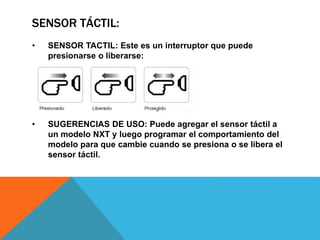 SENSOR TÁCTIL: 
• SENSOR TACTIL: Este es un interruptor que puede 
presionarse o liberarse: 
• SUGERENCIAS DE USO: Puede agregar el sensor táctil a 
un modelo NXT y luego programar el comportamiento del 
modelo para que cambie cuando se presiona o se libera el 
sensor táctil. 
 