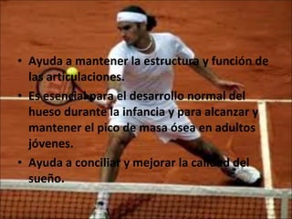 Ayuda a mantener la estructura y función de las articulaciones. Es esencial para el desarrollo normal del hueso durante la infancia y para alcanzar y mantener el pico de masa ósea en adultos jóvenes.  Ayuda a conciliar y mejorar la calidad del sueño. 