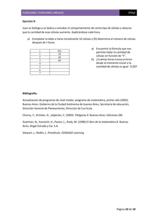 FUNCIONES. FUNCIONES LINEALES 3ºDyE
Página 10 de 10
Ejercicio 9:
Juan es biólogo y se dedica a estudiar el comportamiento de cierto tipo de células y observa
que la cantidad de esas células aumenta duplicándose cada hora.
a) Completar la tabla si tiene inicialmente 10 células y f(t) determina el número de células
después de t horas.
Bibliografía:
Actualización de programas de nivel medio: programa de matemática, primer año (2002).
Buenos Aires: Gobierno de la Ciudad Autónoma de buenos Aires, Secretaría de educación,
Dirección General de Planeamiento, Dirección de Currícula.
Chorny, F., Krimker, G., Salperter, C. (2003) Pitágoras 9. Buenos Aires: Ediciones SM.
Guelman, N., Itzcovich, H., Pavesi, L., Rudy, M. (1998) El libro de la matemático 8. Buenos
Aires: Ángel Estrada y Cia. S.A.
Stewart, J., Redlin, L. Precálculo. CENGAGE Learning
t f(t)
1 20
2 40
3 80
4
5
6
7
a) Encuentre la fórmula que nos
permite hallar la cantidad de
células en función de “t”.
b) ¿Cuántas horas transcurrieron
desde el momento inicial si la
cantidad de células es igual 5120?
 