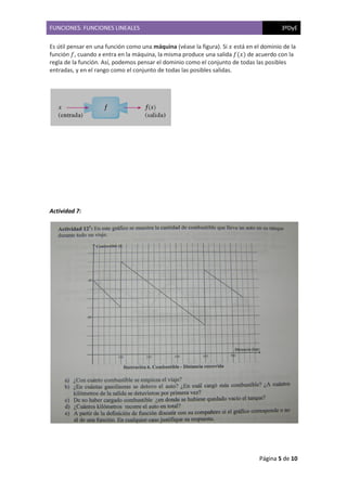 FUNCIONES. FUNCIONES LINEALES
Es útil pensar en una función como una
función ݂, cuando x entra en la máquina
regla de la función. Así, podemos pensar
entradas, y en el rango como el
Actividad 7:
LINEALES
Es útil pensar en una función como una máquina (véase la figura). Si ‫ݔ‬ está en el
entra en la máquina, la misma produce una salida ݂(‫)ݔ‬ de acuerdo con la
regla de la función. Así, podemos pensar el dominio como el conjunto de todas las posibles
entradas, y en el rango como el conjunto de todas las posibles salidas.
3ºDyE
Página 5 de 10
está en el dominio de la
de acuerdo con la
el dominio como el conjunto de todas las posibles
 