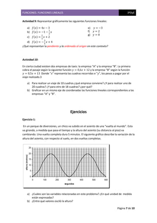 FUNCIONES. FUNCIONES LINEALES 3ºDyE
Página 7 de 10
Actividad 9: Representar gráficamente las siguientes funciones lineales:
a) ݂(‫)ݔ‬ = 4‫ݔ‬ − 3
b) ݂(‫)ݔ‬ = −1 −
ଵ
ଶ
‫ݔ‬
c) ݂(‫)ݔ‬ =
ଶ
ଷ
‫ݔ‬ + 2
d) ݂(‫)ݔ‬ = −
ଷ
ହ
‫ݔ‬ + 4
e) ‫ݕ‬ = −3
f) ‫ݕ‬ = 2
g) ‫ݕ‬ = 0
¿Qué representan la pendiente y la ordenada al origen en este contexto?
Actividad 10:
En cierta ciudad existen dos empresas de taxis: la empresa “A” y la empresa “B”. La primera
cobra el pasaje según la siguiente función ‫ݕ‬ = 0,6‫ݔ‬ + 12 y la empresa “B” según la función
‫ݕ‬ = 0,5‫ݔ‬ + 13 Donde "‫"ݔ‬ representa las cuadras recorridas e "‫,"ݕ‬ los pesos a pagar por el
viaje realizado.3
a) Para realizar un viaje de 10 cuadras ¿qué empresa conviene? ¿Y para realizar uno de
20 cuadras? ¿Y para otro de 18 cuadras? ¿por qué?
b) Graficar en un mismo eje de coordenadas las funciones lineales correspondientes a las
empresas “A” y “B”.
Ejercicios
Ejercicio 1:
En un parque de diversiones, un chico va subido en el asiento de una “vuelta al mundo”. Esta
va girando, a medida que pasa el tiempo y la altura del asiento (su distancia al piso) va
cambiando. Una vuelta completa dura 5 minutos. El siguiente gráfico describe la variación de la
altura del asiento, con respecto al suelo, en dos vueltas completas.
a) ¿Cuáles son las variables relacionadas en este problema? ¿En qué unidad de medida
están expresadas?
b) ¿Entre qué valores osciló la altura?
0
5
10
15
20
25
0 100 200 300 400 500 600
segundos
altura(metros)
 