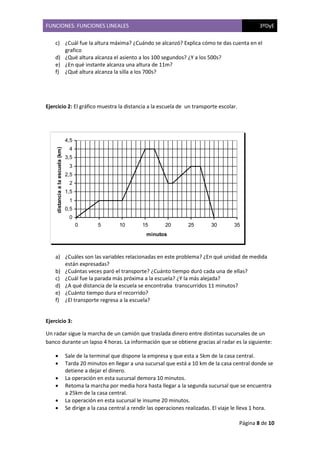 FUNCIONES. FUNCIONES LINEALES 3ºDyE
Página 8 de 10
c) ¿Cuál fue la altura máxima? ¿Cuándo se alcanzó? Explica cómo te das cuenta en el
grafico
d) ¿Qué altura alcanza el asiento a los 100 segundos? ¿Y a los 500s?
e) ¿En qué instante alcanza una altura de 11m?
f) ¿Qué altura alcanza la silla a los 700s?
Ejercicio 2: El gráfico muestra la distancia a la escuela de un transporte escolar.
a) ¿Cuáles son las variables relacionadas en este problema? ¿En qué unidad de medida
están expresadas?
b) ¿Cuántas veces paró el transporte? ¿Cuánto tiempo duró cada una de ellas?
c) ¿Cuál fue la parada más próxima a la escuela? ¿Y la más alejada?
d) ¿A qué distancia de la escuela se encontraba transcurridos 11 minutos?
e) ¿Cuánto tiempo dura el recorrido?
f) ¿El transporte regresa a la escuela?
Ejercicio 3:
Un radar sigue la marcha de un camión que traslada dinero entre distintas sucursales de un
banco durante un lapso 4 horas. La información que se obtiene gracias al radar es la siguiente:
• Sale de la terminal que dispone la empresa y que esta a 5km de la casa central.
• Tarda 20 minutos en llegar a una sucursal que está a 10 km de la casa central donde se
detiene a dejar el dinero.
• La operación en esta sucursal demora 10 minutos.
• Retoma la marcha por media hora hasta llegar a la segunda sucursal que se encuentra
a 25km de la casa central.
• La operación en esta sucursal le insume 20 minutos.
• Se dirige a la casa central a rendir las operaciones realizadas. El viaje le lleva 1 hora.
0
0,5
1
1,5
2
2,5
3
3,5
4
4,5
0 5 10 15 20 25 30 35
minutos
distanciaalaescuela(km)
 
