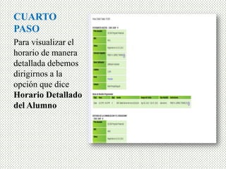 CUARTO
PASO
Para visualizar el
horario de manera
detallada debemos
dirigirnos a la
opción que dice
Horario Detallado
del Alumno
 