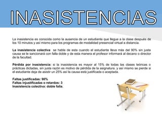 La inasistencia es conocida como la ausencia de un estudiante que llegue a la clase después de
los 10 minutos y así mismo para los programas de modalidad presencial virtual a distancia.
La inasistencia colectiva se habla de esta cuando el estudiante lleva más del 90% sin justa
causa se le sancionará con falla doble y de esta manera el profesor informará al decano o director
de la facultad.
Pérdida por inasistencia: si la inasistencia es mayor al 15% de todas las clases teóricas o
prácticas dictadas, sin justa razón es motivo de pérdida de la asignatura. y así mismo se pierde si
el estudiante deja de asistir un 25% así la causa está justificada o aceptada.
Faltas justificadas: 90%
Faltas injustificadas o retardos: 3
Inasistencia colectiva: doble falla.
 