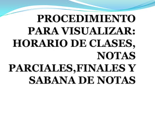 PROCEDIMIENTO
PARA VISUALIZAR:
HORARIO DE CLASES,
NOTAS
PARCIALES,FINALES Y
SABANA DE NOTAS
 