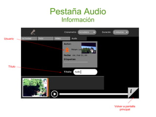 Pestaña Audio
Información
Usuario
Título
Volver a pantalla
principal