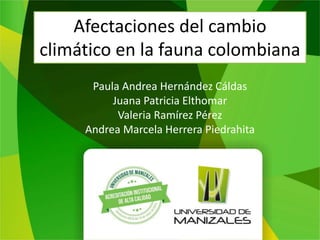 Afectaciones del cambio
climático en la fauna colombiana
Paula Andrea Hernández Cáldas
Juana Patricia Elthomar
Valeria Ramírez Pérez
Andrea Marcela Herrera Piedrahita
 