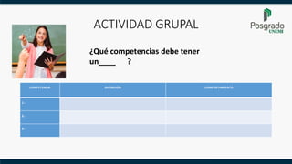 ACTIVIDAD GRUPAL
COMPETENCIA DEFINICIÓN COMPORTAMIENTO
1.-
2.-
3.-
¿Qué competencias debe tener
un____ ?
 