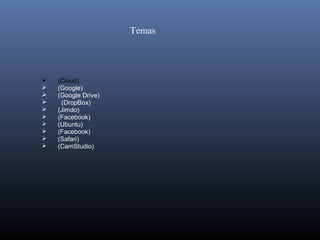 Temas




    (Cloud) 
    (Google)
    (Google Drive)
      (DropBox)
    (Jimdo)
    (Facebook)
    (Ubuntu) 
    (Facebook)
    (Safari)
    (CamStudio)
 
 