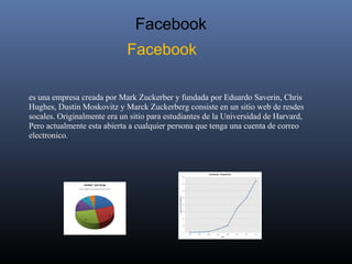Facebook
                             Facebook

es una empresa creada por Mark Zuckerber y fundada por Eduardo Saverin, Chris
Hughes, Dustin Moskovitz y Marck Zuckerberg consiste en un sitio web de resdes
socales. Originalmente era un sitio para estudiantes de la Universidad de Harvard,
Pero actualmente esta abierta a cualquier persona que tenga una cuenta de correo
electronico.
 