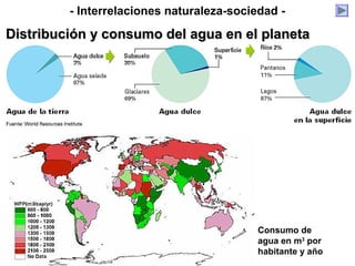 - Interrelaciones naturaleza-sociedad -
Distribución y consumo del agua en el planetaDistribución y consumo del agua en el planeta
Consumo de
agua en m3
por
habitante y año
 