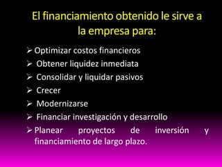 El financiamiento obtenido le sirve a
la empresa para:
 Optimizar costos financieros
 Obtener liquidez inmediata

 Consolidar y liquidar pasivos
 Crecer
 Modernizarse

 Financiar investigación y desarrollo
 Planear

proyectos
de
inversión
financiamiento de largo plazo.

y

 