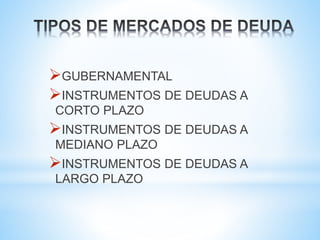 GUBERNAMENTAL
INSTRUMENTOS DE DEUDAS A
CORTO PLAZO
INSTRUMENTOS DE DEUDAS A
MEDIANO PLAZO
INSTRUMENTOS DE DEUDAS A
LARGO PLAZO
 