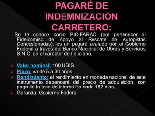 Se le conoce como PIC-FARAC (por pertenecer al
Fideicomiso de Apoyo al Rescate de Autopistas
Concesionadas), es un pagaré avalado por el Gobierno
Federal a través del Banco Nacional de Obras y Servicios
S.N.C. en el carácter de fiduciario.
 Valor nominal: 100 UDIS.
 Plazo: va de 5 a 30 años.
 Rendimiento: el rendimiento en moneda nacional de este
instrumento dependerá del precio de adquisición, con
pago de la tasa de interés fija cada 182 días.
 Garantía: Gobierno Federal.
 