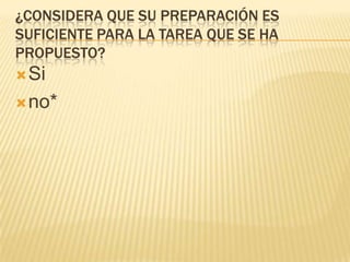 ¿CONSIDERA QUE SU PREPARACIÓN ES
SUFICIENTE PARA LA TAREA QUE SE HA
PROPUESTO?
 Si

 no*

 