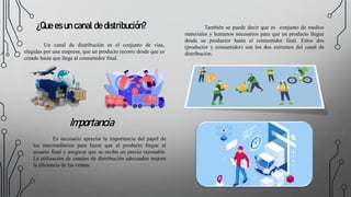 ¿Que es un canal de distribución?
Importancia
Es necesario apreciar la importancia del papel de
los intermediarios para hacer que el producto llegue al
usuario final y asegurar que se reciba un precio razonable.
La utilización de canales de distribución adecuados mejora
la eficiencia de las ventas.
Un canal de distribución es el conjunto de vías,
elegidas por una empresa, que un producto recorre desde que es
creado hasta que llega al consumidor final.
También se puede decir que es conjunto de medios
materiales y humanos necesarios para que un producto llegue
desde su productor hasta el consumidor final. Estos dos
(productor y consumidor) son los dos extremos del canal de
distribución.
 