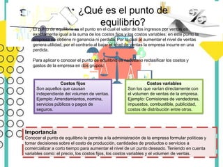 El punto de equilibrio es el punto en el cual el valor de los ingresos por ventas es
exactamente igual a la suma de los costos fijos y los costos variables: en este punto la
empresa no obtiene ni ganancia ni perdida. Por lo cual al aumentar el nivel de ventas
genera utilidad, por el contrario al bajar el nivel de ventas la empresa incurre en una
perdida.
Para aplicar o conocer el punto de equilibrio es necesario reclasificar los costos y
gastos de la empresa en dos grupos:
Costos fijos
Son aquellos que causan
independiente del volumen de ventas.
Ejemplo: Arrendamientos, nomina,
servicios públicos o pagos de
seguros.
Costos variables
Son los que varían directamente con
el volumen de ventas de la empresa.
Ejemplo: Comisiones de vendedores,
impuestos, combustible, publicidad,
costos de distribución entre otros.
Importancia
Conocer el punto de equilibrio le permite a la administración de la empresa formular políticas y
tomar decisiones sobre el costo de producción, cantidades de productos o servicios a
comercializar a corto tiempo para aumentar el nivel de un punto deseado. Teniendo en cuenta
variables como: el precio, los costos fijos, los costos variables y el volumen de ventas.
¿Qué es el punto de
equilibrio?
 