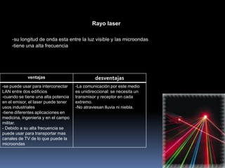 Rayo laser

    -su longitud de onda esta entre la luz visible y las microondas
    -tiene una alta frecuencia




            ventajas                           desventajas
-se puede usar para interconectar    -La comunicación por este medio
LAN entre dos edificios              es unidireccional: se necesita un
-cuando se tiene una alta potencia   transmisor y receptor en cada
en el emisor, el laser puede tener   extremo.
usos industriales                    -No atraviesan lluvia ni niebla.
-tiene diferentes aplicaciones en
medicina, ingenieria y en el campo
militar.
- Debido a su alta frecuencia se
puede usar para transportar mas
canales de TV de lo que puede la
microondas
 