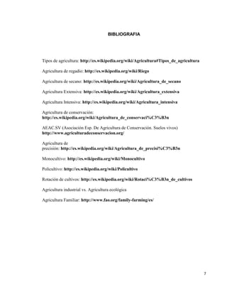 7
BIBLIOGRAFIA
Tipos de agricultura: http://es.wikipedia.org/wiki/Agricultura#Tipos_de_agricultura
Agricultura de regadío: http://es.wikipedia.org/wiki/Riego
Agricultura de secano: http://es.wikipedia.org/wiki/Agricultura_de_secano
Agricultura Extensiva: http://es.wikipedia.org/wiki/Agricultura_extensiva
Agricultura Intensiva: http://es.wikipedia.org/wiki/Agricultura_intensiva
Agricultura de conservación:
http://es.wikipedia.org/wiki/Agricultura_de_conservaci%C3%B3n
AEAC.SV (Asociación Esp. De Agricultura de Conservación. Suelos vivos)
http://www.agriculturadeconservacion.org/
Agricultura de
precisión: http://es.wikipedia.org/wiki/Agricultura_de_precisi%C3%B3n
Monocultivo: http://es.wikipedia.org/wiki/Monocultivo
Policultivo: http://es.wikipedia.org/wiki/Policultivo
Rotación de cultivos: http://es.wikipedia.org/wiki/Rotaci%C3%B3n_de_cultivos
Agricultura industrial vs. Agricultura ecológica
Agricultura Familiar: http://www.fao.org/family-farming/es/
 