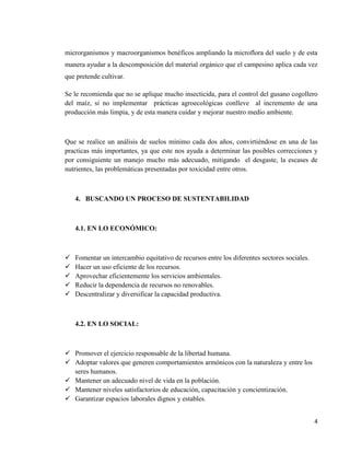 4
microrganismos y macroorganismos benéficos ampliando la microflora del suelo y de esta
manera ayudar a la descomposición del material orgánico que el campesino aplica cada vez
que pretende cultivar.
Se le recomienda que no se aplique mucho insecticida, para el control del gusano cogollero
del maíz, si no implementar prácticas agroecológicas conlleve al incremento de una
producción más limpia, y de esta manera cuidar y mejorar nuestro medio ambiente.
Que se realice un análisis de suelos mínimo cada dos años, convirtiéndose en una de las
practicas más importantes, ya que este nos ayuda a determinar las posibles correcciones y
por consiguiente un manejo mucho más adecuado, mitigando el desgaste, la escases de
nutrientes, las problemáticas presentadas por toxicidad entre otros.
4. BUSCANDO UN PROCESO DE SUSTENTABILIDAD
4.1. EN LO ECONÓMICO:
 Fomentar un intercambio equitativo de recursos entre los diferentes sectores sociales.
 Hacer un uso eficiente de los recursos.
 Aprovechar eficientemente los servicios ambientales.
 Reducir la dependencia de recursos no renovables.
 Descentralizar y diversificar la capacidad productiva.
4.2. EN LO SOCIAL:
 Promover el ejercicio responsable de la libertad humana.
 Adoptar valores que generen comportamientos armónicos con la naturaleza y entre los
seres humanos.
 Mantener un adecuado nivel de vida en la población.
 Mantener niveles satisfactorios de educación, capacitación y concientización.
 Garantizar espacios laborales dignos y estables.
 