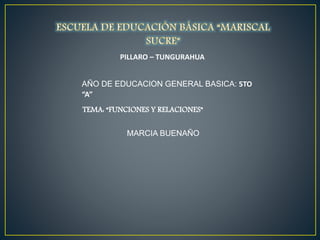 PILLARO – TUNGURAHUA
AÑO DE EDUCACION GENERAL BASICA: 5TO
“A”
TEMA: “FUNCIONES Y RELACIONES”
MARCIA BUENAÑO
 