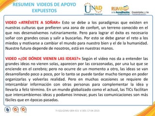 FI-GQ-GCMU-004-015 V. 001-17-04-2013
RESUMEN VIDEOS DE APOYO
EXPUESTOS
VIDEO «ATRÉVETE A SOÑAR» Esto se debe a los paradigmas que existen en
nuestras culturas que prefieren una zona de confort, un terreno conocido en el
que nos desenvolvemos rutinariamente. Pero para lograr el éxito es necesario
soñar con grandes cosas y salir a buscarlas. Por esto se debe ganar el reto a los
miedos y motivarse a cambiar el mundo para nuestro bien y el de la humanidad.
Nuestro futuro depende de nosotros, está en nuestras manos.
VIDEO «¿DE DÓNDE VIENEN LAS IDEAS?» Según el video nos da a entender las
grandes ideas no vienen solas, aparecen por las corazonadas, por una luz que se
enciende en el cerebro; pero no ocurre de un momento a otro, las ideas se van
desarrollando poco a poco, por lo tanto se puede tardar mucho tiempo en poder
organizarlas y volverlas realidad. Pero en muchas ocasiones se requiere de
intercambiar información con otras personas para complementar la idea y
llevarla a feliz término. En un mundo globalizado como el actual, las TICs facilitan
que intercambiemos ideas y podamos innovar, pues las comunicaciones son más
fáciles que en épocas pasadas.
 