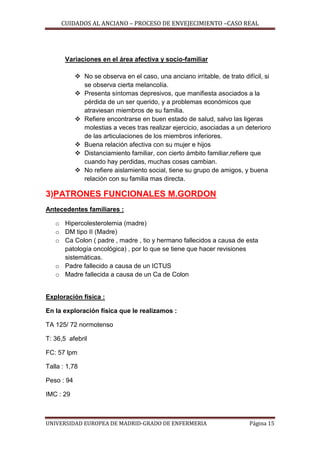 CUIDADOS AL ANCIANO – PROCESO DE ENVEJECIMIENTO –CASO REAL

Variaciones en el área afectiva y socio-familiar
 No se observa en el caso, una anciano irritable, de trato difícil, si
se observa cierta melancolía.
 Presenta síntomas depresivos, que manifiesta asociados a la
pérdida de un ser querido, y a problemas económicos que
atraviesan miembros de su familia.
 Refiere encontrarse en buen estado de salud, salvo las ligeras
molestias a veces tras realizar ejercicio, asociadas a un deterioro
de las articulaciones de los miembros inferiores.
 Buena relación afectiva con su mujer e hijos
 Distanciamiento familiar, con cierto ámbito familiar,refiere que
cuando hay perdidas, muchas cosas cambian.
 No refiere aislamiento social, tiene su grupo de amigos, y buena
relación con su familia mas directa.

3)PATRONES FUNCIONALES M.GORDON
Antecedentes familiares :
o Hipercolesterolemia (madre)
o DM tipo II (Madre)
o Ca Colon ( padre , madre , tio y hermano fallecidos a causa de esta
patología oncológica) , por lo que se tiene que hacer revisiones
sistemáticas.
o Padre fallecido a causa de un ICTUS
o Madre fallecida a causa de un Ca de Colon

Exploración física :
En la exploración física que le realizamos :
TA 125/ 72 normotenso
T: 36,5 afebril
FC: 57 lpm
Talla : 1,78
Peso : 94
IMC : 29

UNIVERSIDAD EUROPEA DE MADRID-GRADO DE ENFERMERIA

Página 15

 