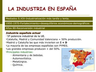 LA INDUSTRIA EN ESPAÑA
Mediados S.XIX-Industrialización más tardía y lenta.
1950-1970-Fortalecimiento=desequilibrios económicos-demográficos
Industria española actualIndustria española actual
5ª potencia industrial de la UE.5ª potencia industrial de la UE.
Cataluña, Madrid y Comunidad Valenciana = 50% producción.
Madrid y Cataluña las que más invierten en I + D
La mayoría de las empresas españolas son PYMES.
Las grandes empresas producen + del 50%.
Principales industrias:
o Alimentaria y de bebidas.
o Automovilística.
o Metalúrgica.
o Química.
Años 80-Reconversión industrial
 