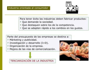 Para tener éxito las industrias deben fabricar productos:
 Que demande la sociedad.
 Que destaquen sobre los de la competencia.
 Que se adapten rápido a los cambios en los gustos.
Industria orientada al consumidor
Parte del presupuesto de las empresas se destina a:
 Márketing y publicidad.
 Investigación y desarrollo (I+D).
 Organización de la empresa.
 Mejora de las vías de comercialización.
TERCIARIZACIÓN DE LA INDUSTRIA
 