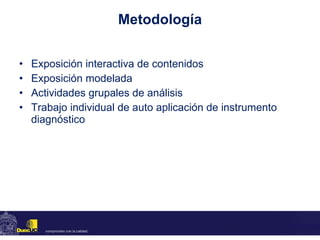 Metodología Exposición interactiva de contenidos  Exposición modelada Actividades grupales de análisis  Trabajo individual de auto aplicación de instrumento diagnóstico  