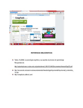 REFERENCIAS BIBLIOGRAFICAS
Tadeo, N.(2006). La psicología cognitiva y sus aportes al proceso de aprendizaje
Recuperado de:
http://aulavirtual.eaie.cvudes.edu.co/publico/lems/L.000.013.MG/Documentos/Anexos/Cap2/2.pdf
http://recursostic.educacion.es/secundaria/edad/4esobiologia/4quincena6/4quincena6_contenidos_
1b.htm
http://cmaptools.softonic.com/
 