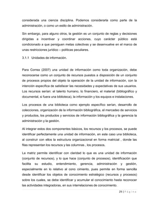 considerada una ciencia disciplina. Podemos considerarla como parte de la
administración, o como un estilo de administración.
Sin embargo, para alguno otros, la gestión es un conjunto de reglas y decisiones
dirigidas a incentivar y coordinar acciones, cuyo carácter público está
condicionado a que persiguen metas colectivas y se desenvuelve en el marco de
unas restricciones jurídico – políticas peculiares.
3.1.1 Unidades de información.

Para Correa (2007) una unidad de información como toda organización, debe
reconocerse como un conjunto de recursos puestos a disposición de un conjunto
de procesos propios del objeto la operación de la unidad de información, con la
intención específica de satisfacer las necesidades y expectativas de sus usuarios.
Los recursos serían: el talento humano, lo financiero, el material (bibliográfico y
documental, si fuera una biblioteca), la información y los equipos e instalaciones.
Los procesos de una biblioteca como ejemplo específico serían, desarrollo de
colecciones, organización de la información bibliográfica, el mercadeo de servicios
y productos, los productos y servicios de información bibliográfica y la gerencia la
administración y la gestión.
Al integrar estos dos componentes básicos, los recursos y los procesos, se puede
identificar perfectamente una unidad de información, en este caso una biblioteca,
al construir con ellos la estructura organizacional en forma matricial , donde las
filas representan los recursos y las columnas , los procesos.
La matriz permite identificar con claridad lo que es una unidad de información
(conjunto de recursos), y lo que hace (conjunto de procesos), identificación que
facilita

su

estudio,

entendimiento,

gerencia,

administración

y

gestión,

especialmente en lo relativo al cono cimiento, pues permite en forma sencilla
desde identificar los objetos de conocimiento estratégico (recursos y procesos)
sobre los cuales, se debe identificar y acumular el conocimiento hasta reconocer
las actividades integradoras, en sus interrelaciones de conocimiento.
29 | P á g i n a

 