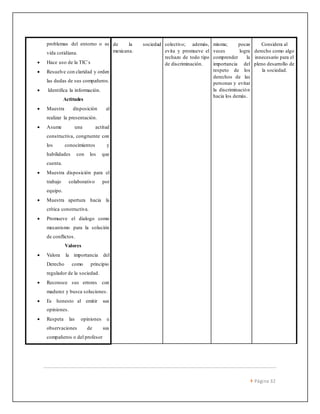  Página 32 
problemas del entorno o su 
vida cotidiana. 
 Hace uso de la TIC´s 
 Resuelve con claridad y orden 
las dudas de sus compañeros. 
 Identifica la información. 
Actitudes 
 Muestra disposición al 
realizar la presentación. 
 Asume una actitud 
constructiva, congruente con 
los conocimientos y 
habilidades con los que 
cuenta. 
 Muestra disposición para el 
trabajo colaborativo por 
equipo. 
 Muestra apertura hacia la 
crítica constructiva. 
 Promueve el dialogo como 
mecanismo para la solución 
de conflictos. 
Valores 
 Valora la importancia del 
Derecho como principio 
regulador de la sociedad. 
 Reconoce sus errores con 
madurez y busca soluciones . 
 Es honesto al emitir sus 
opiniones. 
 Respeta las opiniones u 
observaciones de sus 
compañeros o del profesor 
de la sociedad 
mexicana. 
colectivo; además, 
evita y promueve el 
rechazo de todo tipo 
de discriminación. 
misma; pocas 
veces logra 
comprender la 
importancia del 
respeto de los 
derechos de las 
personas y evitar 
la discriminación 
hacia los demás. 
Considera al 
derecho como algo 
innecesario para el 
pleno desarrollo de 
la sociedad. 
 