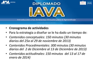 • Cronograma de actividades
• Para la estrategia a diseñar se le ha dado un tiempo de:
• Contenidos conceptuales: 150 minutos (30 minutos
diarios del 25a al 29 de noviembre de 2013)
• Contenidos Procedimentales: 300 minutos (30 minutos
diarios del 2 de Diciembre al 13 de Diciembre de 2013)
• Contenidos actitudinales: 150 minutos del 13 al 17 de
enero de 2014)
 