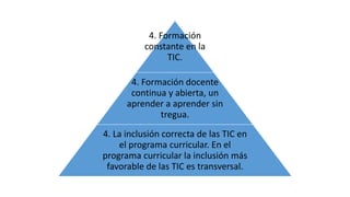 4. Formación 
constante en la 
TIC. 
4. Formación docente 
continua y abierta, un 
aprender a aprender sin 
tregua. 
4. La inclusión correcta de las TIC en 
el programa curricular. En el 
programa curricular la inclusión más 
favorable de las TIC es transversal. 
 