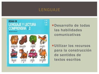 LENGUAJE


    Desarrollo de todas
     las habilidades
     comunicativas

    Utilizar los recursos
     para la construcción
     de sentidos de
     textos escritos
 