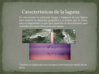 Características de la laguna
En esta sección se colocarán mapas e imágenes de esta laguna
para mostrar la ubicación geográfica y el relieve que la rodea,
esto es importante ya que esta situación es determinante para
entender las características de esta laguna.




También se explicarán los conceptos anteriores por medio de un
texto
 