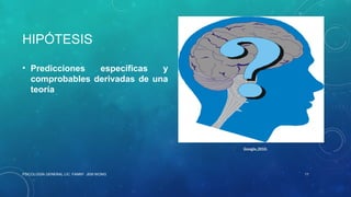 HIPÓTESIS
• Predicciones específicas y
comprobables derivadas de una
teoría
PSICOLOGÍA GENERAL LIC. FANNY JEM WONG 11
 Google,2010.
 